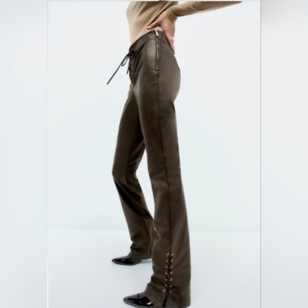 ZARA Womens chocolate brown faux leather lace pants size XS NEW